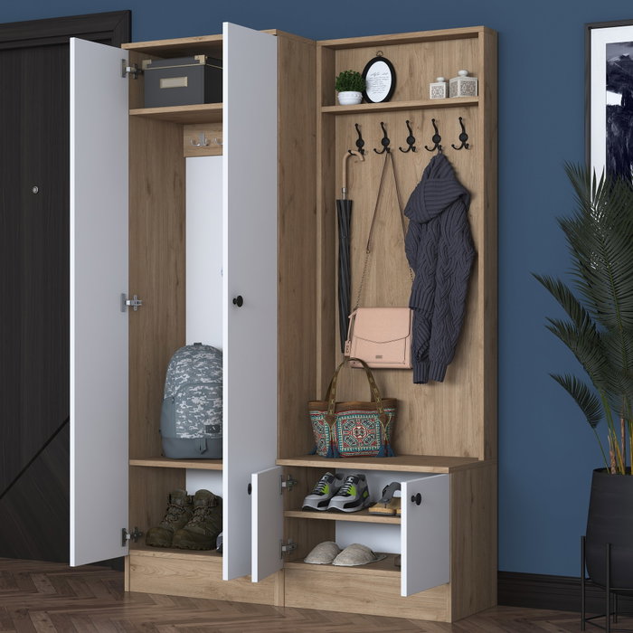 Hanah Home P6 - M5 - 2423 Recibidor con Perchero Blanco y Nogal 119.6x182.8x35.5 cm